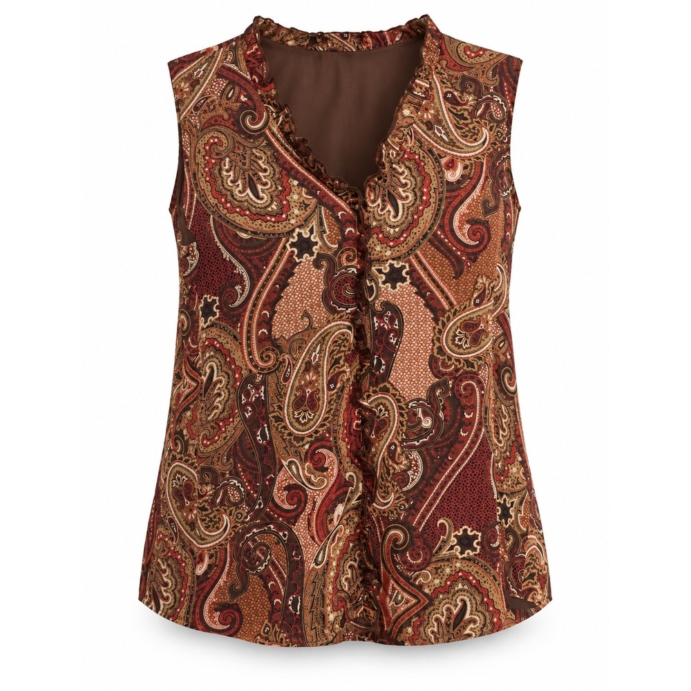 Tommy Hilfiger Paisley Ruffle V-Neck Blouse Size L Brown Sleeveless Top
